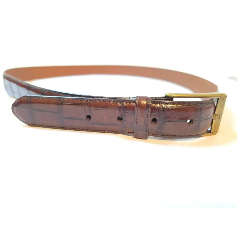 Arden Leather Belt Sz 42 Brown Italian Leather Brass Buckle Croc Embossed
